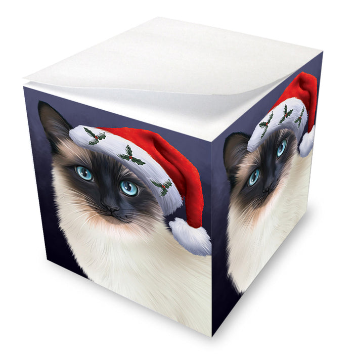 Christmas Holidays Siamese Cat Wearing Santa Hat Portrait Head Note Cube NOC55150
