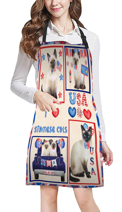 4th of July Independence Day I Love USA Siamese Cats Apron - Adjustable Long Neck Bib for Adults - Waterproof Polyester Fabric With 2 Pockets - Chef Apron for Cooking, Dish Washing, Gardening, and Pet Grooming