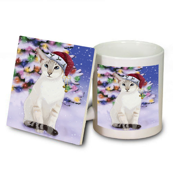 Winterland Wonderland Siamese Cat In Christmas Holiday Scenic Background Mug and Coaster Set MUC55715