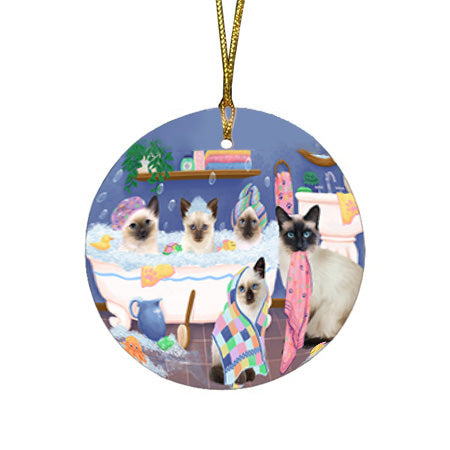 Rub A Dub Dogs In A Tub Siamese Cats Round Flat Christmas Ornament RFPOR57181