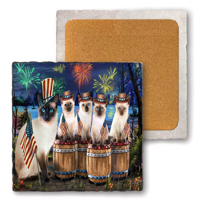 4th of July Independence Day Firework Siamese Cats Set of 4 Natural Stone Marble Tile Coasters MCST49115