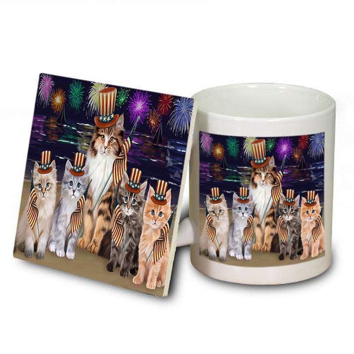 4th of July Independence Day Firework Siamese Cats Mug and Coaster Set MUC56840