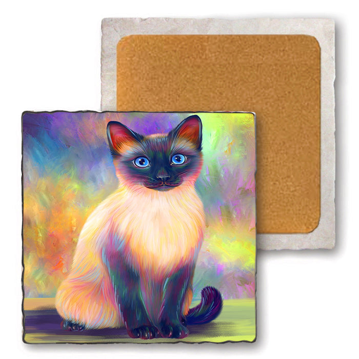 Paradise Wave Siamese Cat Set of 4 Natural Stone Marble Tile Coasters MCST51080