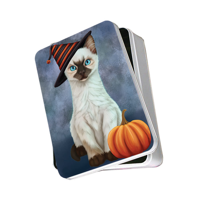 Happy Halloween Siamese Cat Wearing Witch Hat with Pumpkin Photo Storage Tin PITN54750