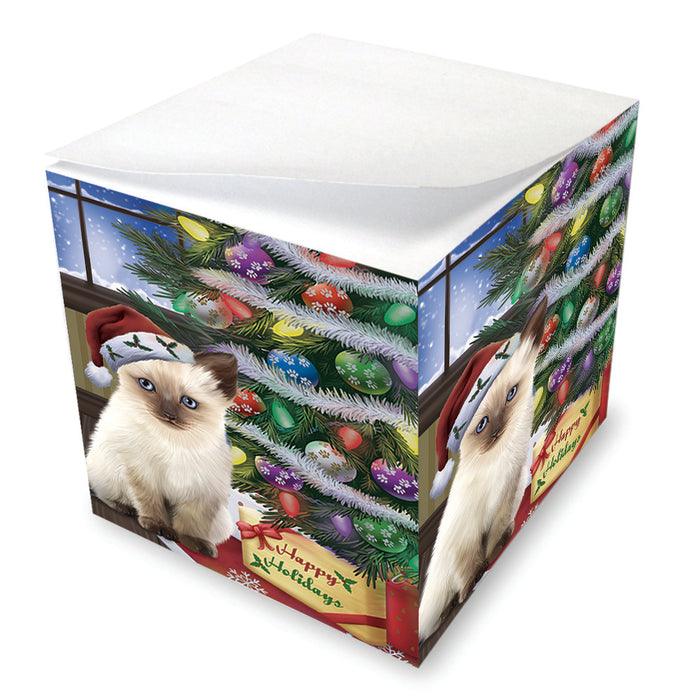 Christmas Happy Holidays Siamese Cat with Tree and Presents Note Cube NOC55117