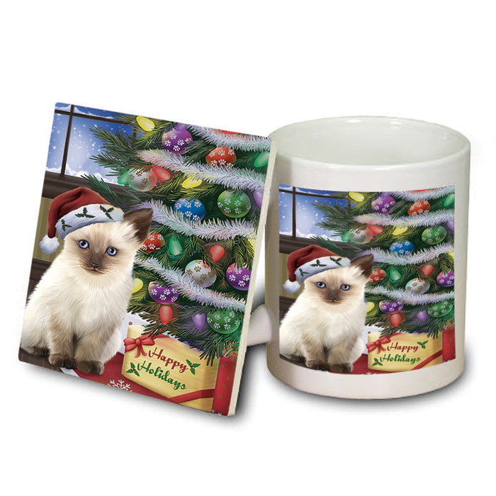 Christmas Happy Holidays Siamese Cat with Tree and Presents Mug and Coaster Set MUC53463