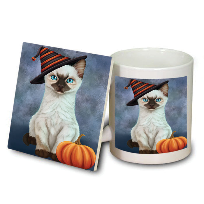 Happy Halloween Siamese Cat Wearing Witch Hat with Pumpkin Mug and Coaster Set MUC54799
