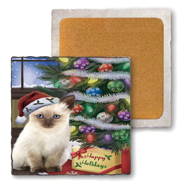 Christmas Happy Holidays Siamese Cat with Tree and Presents Set of 4 Natural Stone Marble Tile Coasters MCST48471