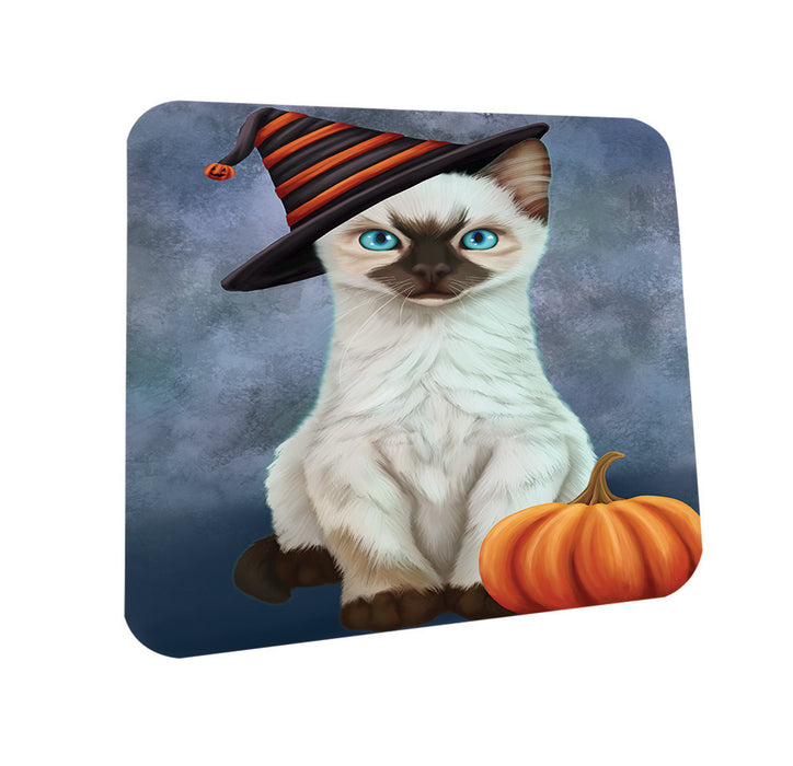 Happy Halloween Siamese Cat Wearing Witch Hat with Pumpkin Coasters Set of 4 CST54765