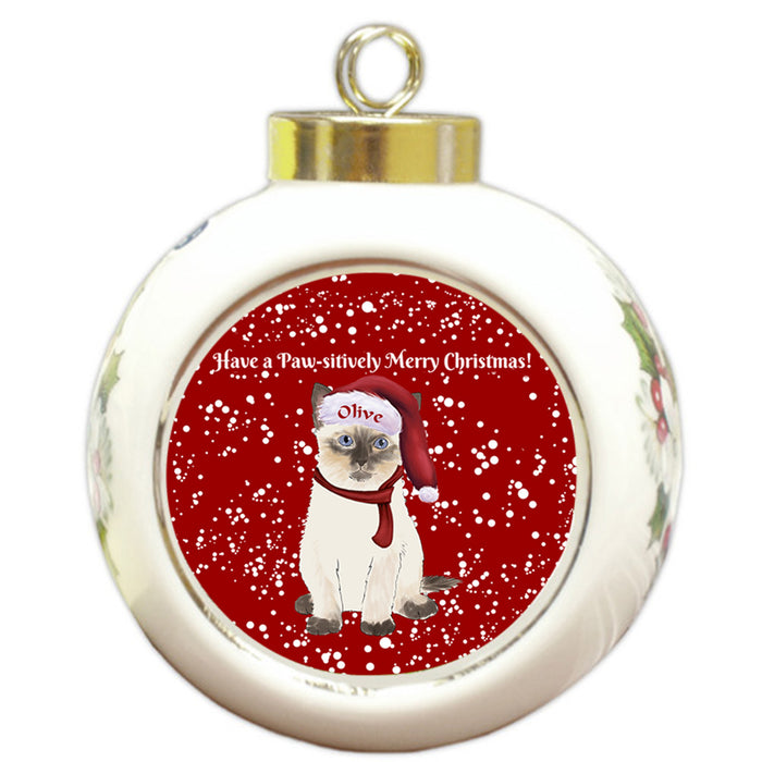 Custom Personalized Pawsitively Siamese Cat Merry Christmas Round Ball Ornament