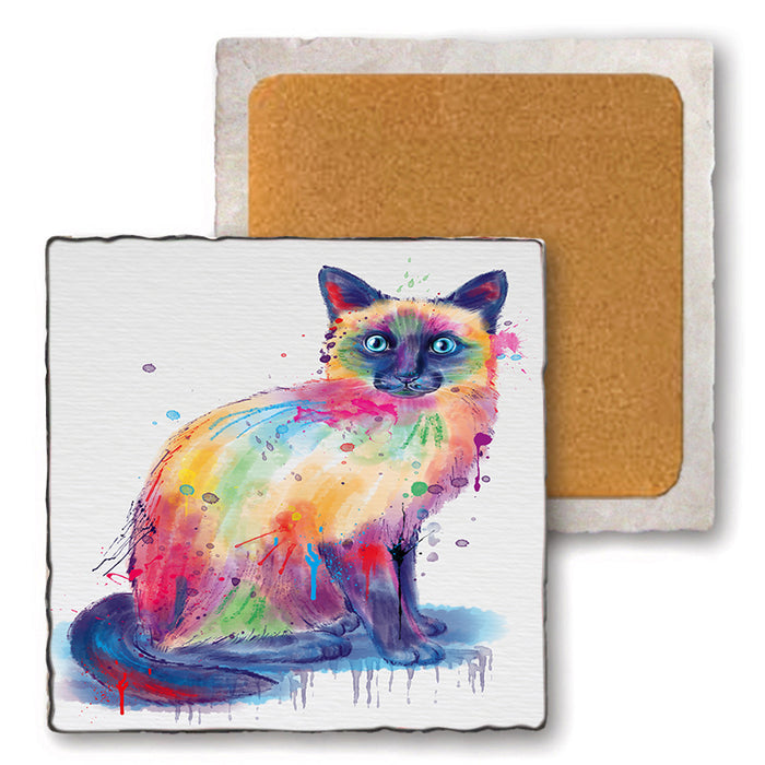 Watercolor Siamese Cat Set of 4 Natural Stone Marble Tile Coasters MCST52105