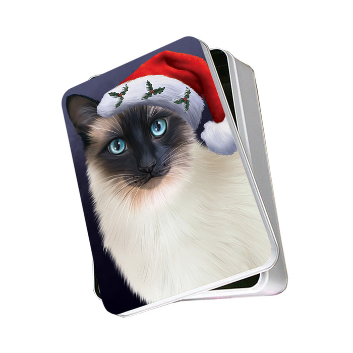 Christmas Holidays Siamese Cat Wearing Santa Hat Portrait Head Photo Storage Tin PITN53504