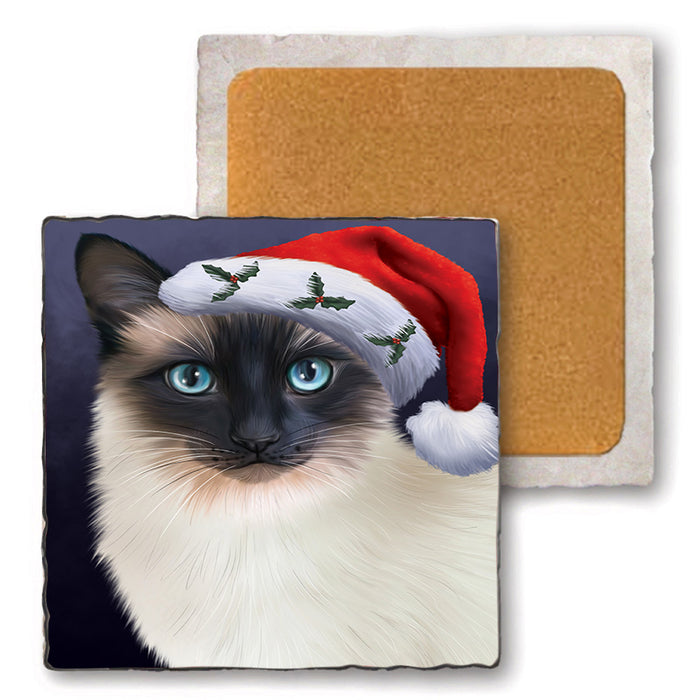 Christmas Holidays Siamese Cat Wearing Santa Hat Portrait Head Set of 4 Natural Stone Marble Tile Coasters MCST48504