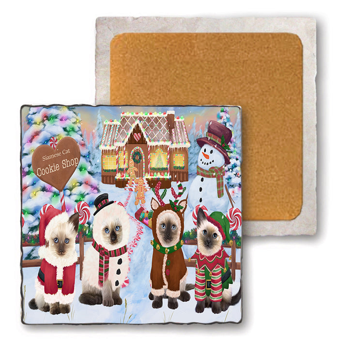 Holiday Gingerbread Cookie Shop Siamese Cats Set of 4 Natural Stone Marble Tile Coasters MCST51622