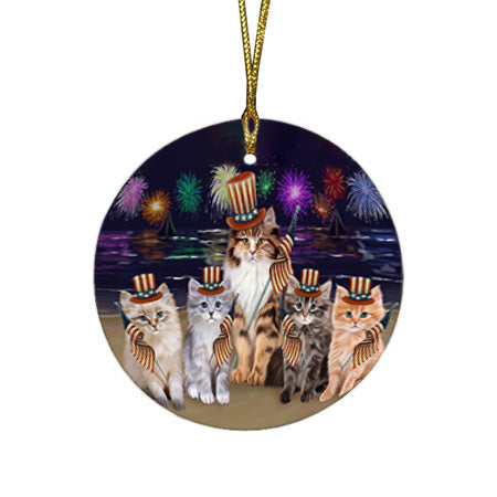 4th of July Independence Day Firework Siamese Cats Round Flat Christmas Ornament RFPOR57249