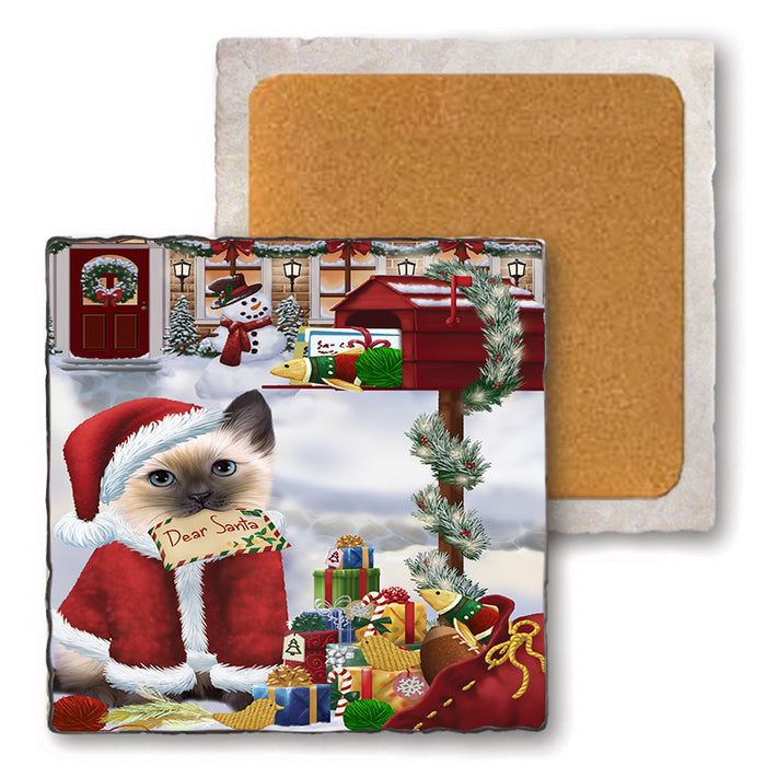 Siamese Cat Dear Santa Letter Christmas Holiday Mailbox Set of 4 Natural Stone Marble Tile Coasters MCST48552
