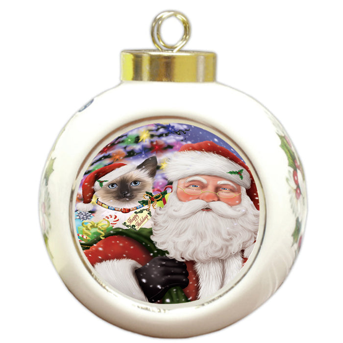 Santa Carrying Siamese Cat and Christmas Presents Round Ball Christmas Ornament RBPOR53702