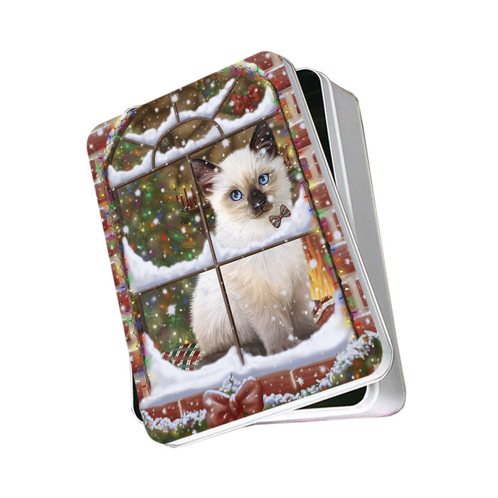 Please Come Home For Christmas Siamese Cat Sitting In Window Photo Storage Tin PITN57559