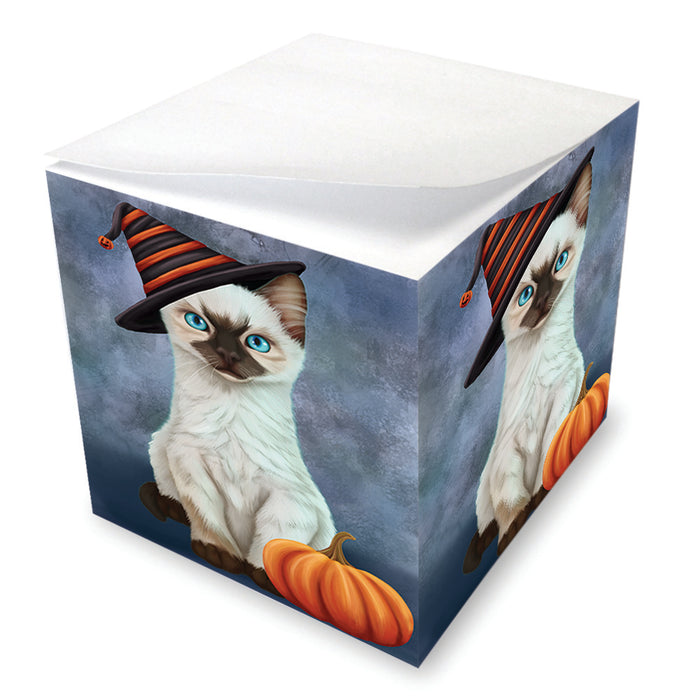 Happy Halloween Siamese Cat Wearing Witch Hat with Pumpkin Note Cube NOC56453
