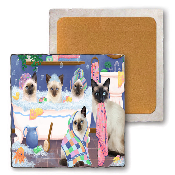 Rub A Dub Dogs In A Tub Siamese Cats Set of 4 Natural Stone Marble Tile Coasters MCST51825