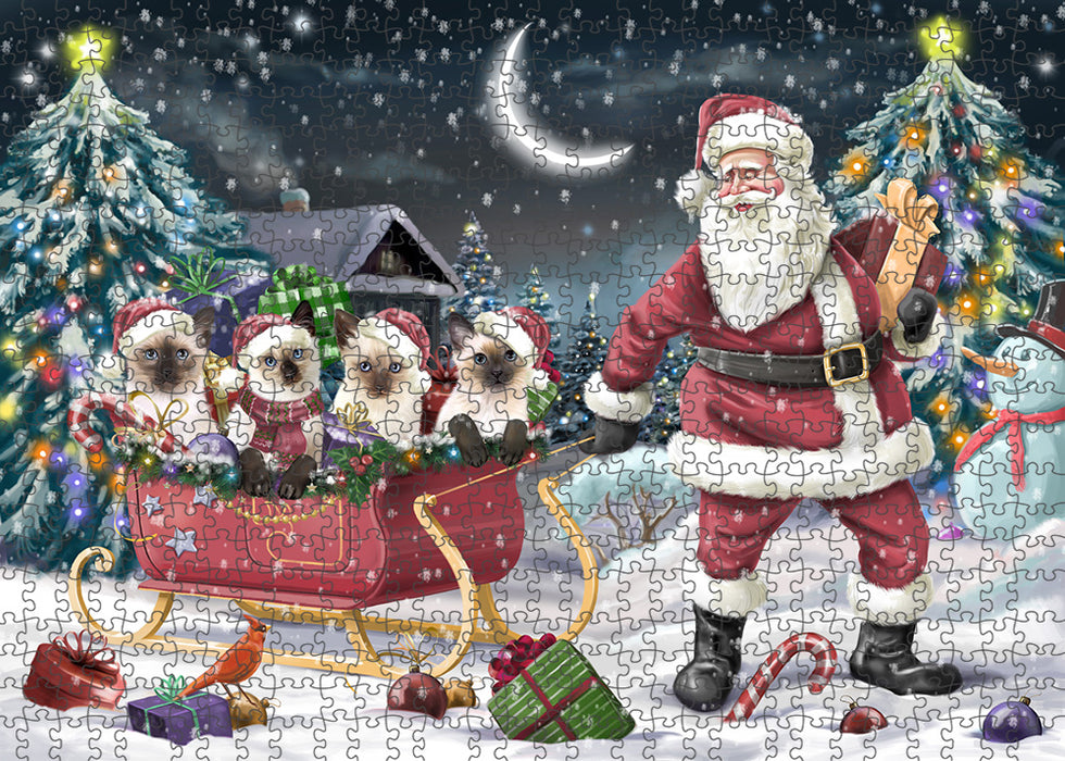 Santa Sled Dogs Christmas Happy Holidays Siamese Cats Puzzle with Photo Tin PUZL59259