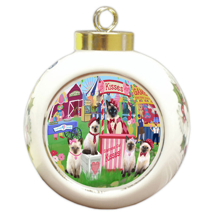 Carnival Kissing Booth Siamese Cats Round Ball Christmas Ornament RBPOR56284