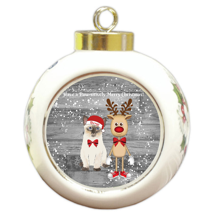 Custom Personalized Siamese Cat Reindeer and Pooch Christmas Round Ball Ornament