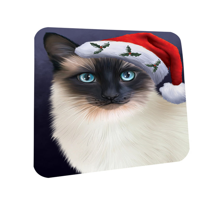 Christmas Holidays Siamese Cat Wearing Santa Hat Portrait Head Coasters Set of 4 CST53462