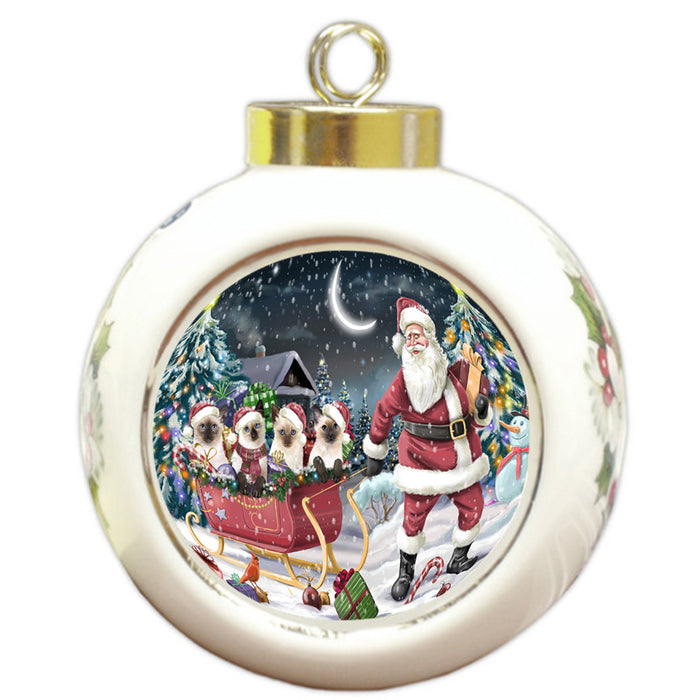 Santa Sled Dogs Christmas Happy Holidays Siamese Cats Round Ball Christmas Ornament RBPOR51724