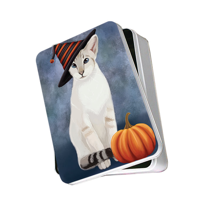 Happy Halloween Siamese Cat Wearing Witch Hat with Pumpkin Photo Storage Tin PITN54853