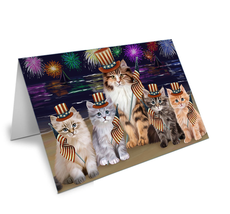 4th of July Independence Day Firework Siamese Cats Handmade Artwork Assorted Pets Greeting Cards and Note Cards with Envelopes for All Occasions and Holiday Seasons GCD76058