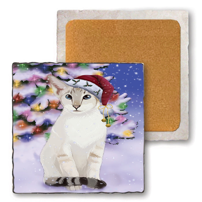 Winterland Wonderland Siamese Cat In Christmas Holiday Scenic Background Set of 4 Natural Stone Marble Tile Coasters MCST50723