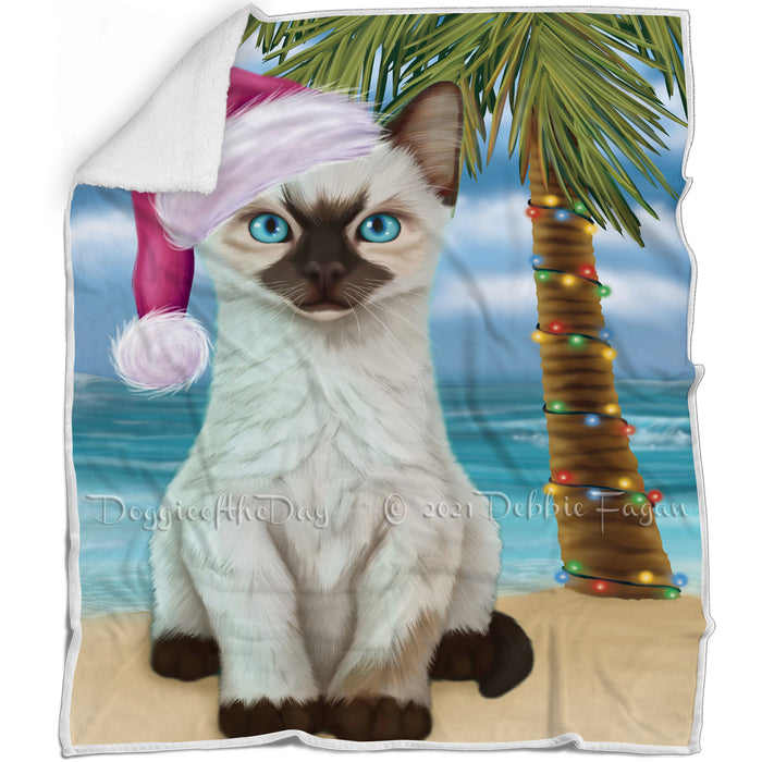 Summertime Happy Holidays Christmas Siamese Cat on Tropical Island Beach Blanket BLNKT108552