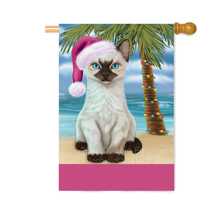 Personalized Summertime Happy Holidays Christmas Siamese Cat on Tropical Island Beach Custom House Flag FLG-DOTD-A60597