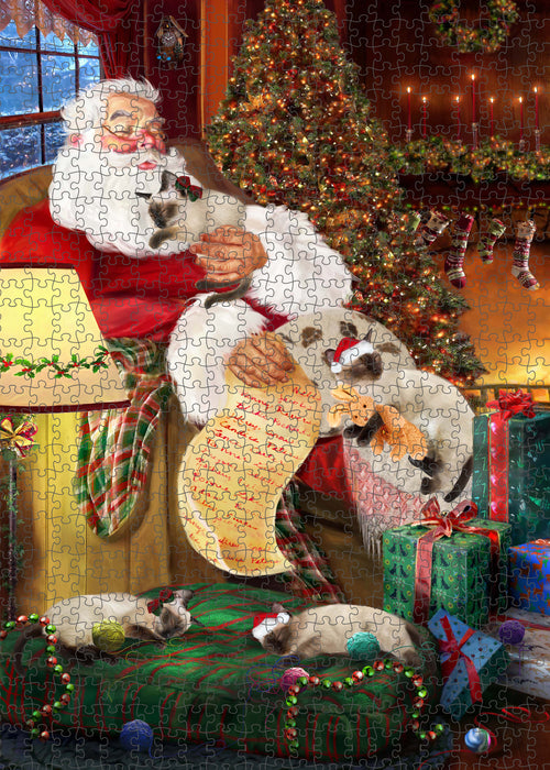 Santa Sleeping with Siamese Cats Portrait Jigsaw Puzzle for Adults Animal Interlocking Puzzle Game Unique Gift for Dog Lover's with Metal Tin Box