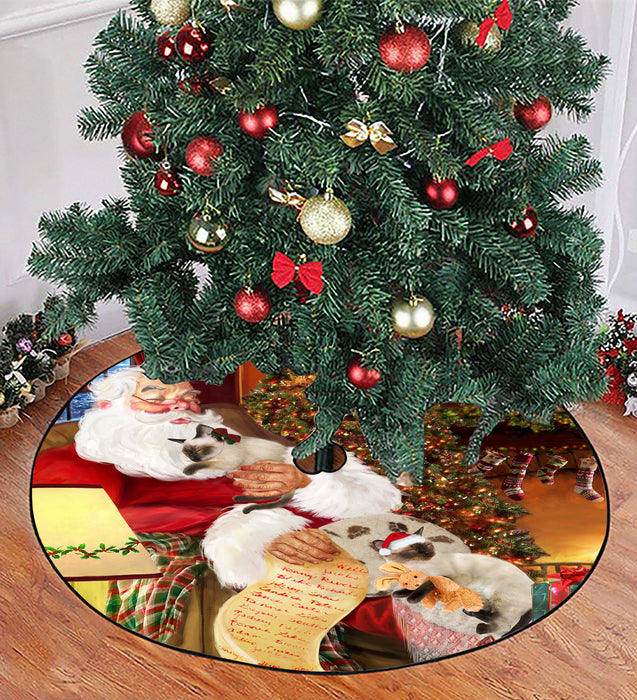 Santa Sleeping with Siamese Cats Christmas Tree Skirt