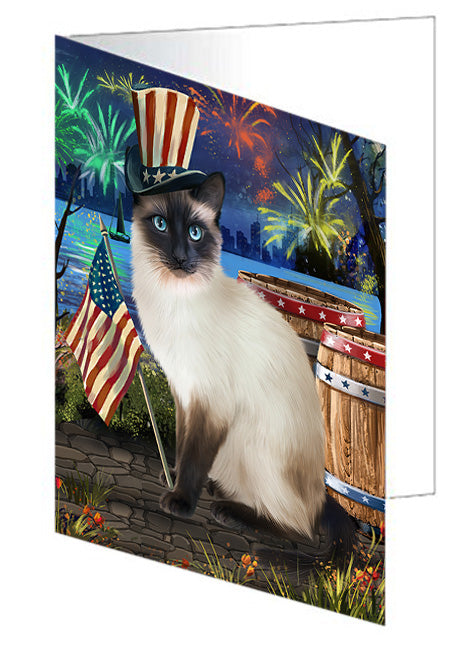 4th of July Independence Day Fireworks Siamese cat at the Lake Handmade Artwork Assorted Pets Greeting Cards and Note Cards with Envelopes for All Occasions and Holiday Seasons GCD57713