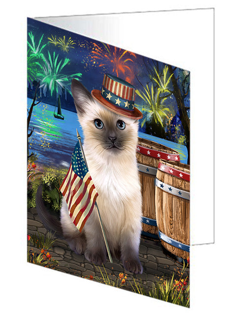 4th of July Independence Day Fireworks Siamese cat at the Lake Handmade Artwork Assorted Pets Greeting Cards and Note Cards with Envelopes for All Occasions and Holiday Seasons GCD57716