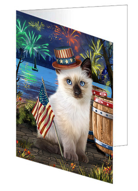 4th of July Independence Day Fireworks Siamese cat at the Lake Handmade Artwork Assorted Pets Greeting Cards and Note Cards with Envelopes for All Occasions and Holiday Seasons GCD57719