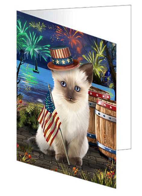 4th of July Independence Day Fireworks Siamese cat at the Lake Handmade Artwork Assorted Pets Greeting Cards and Note Cards with Envelopes for All Occasions and Holiday Seasons GCD57722