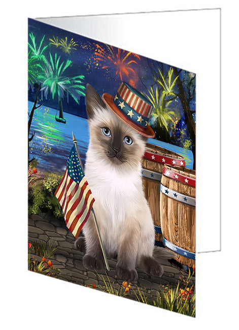 4th of July Independence Day Fireworks Siamese cat at the Lake Handmade Artwork Assorted Pets Greeting Cards and Note Cards with Envelopes for All Occasions and Holiday Seasons GCD57725