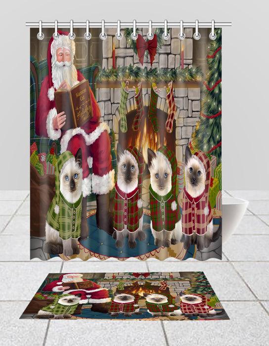 Christmas Cozy Holiday Fire Tails Siamese Cats Bath Mat and Shower Curtain Combo