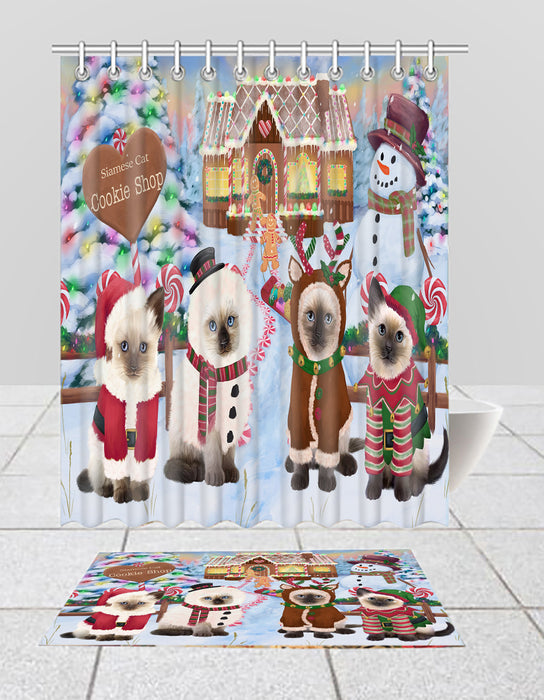 Holiday Gingerbread Cookie Siamese Cats  Bath Mat and Shower Curtain Combo
