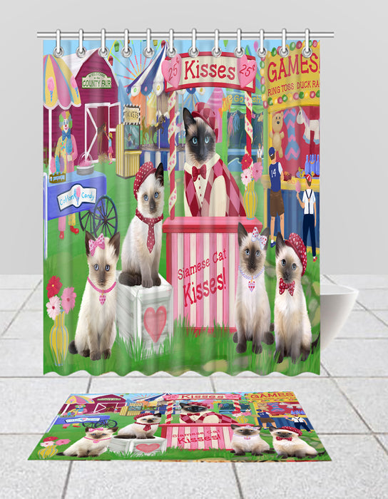 Carnival Kissing Booth Siamese Cats Bath Mat and Shower Curtain Combo