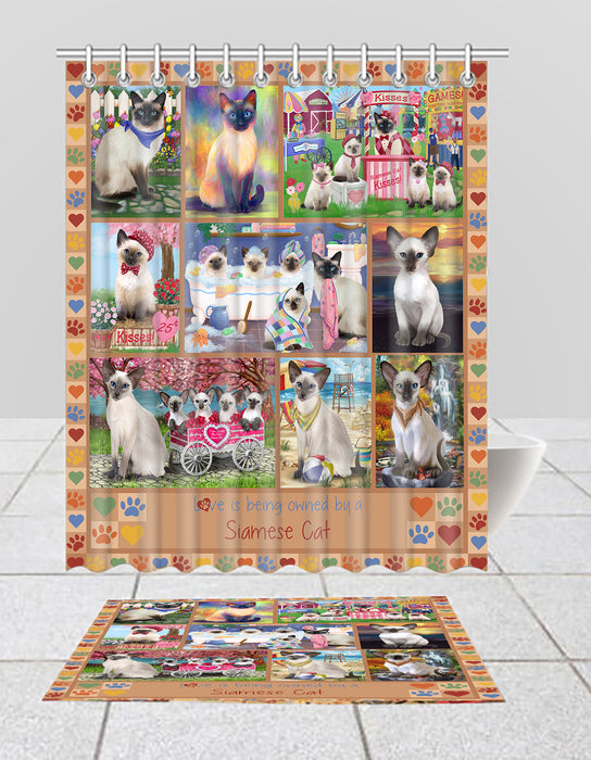 Love is Being Owned Siamese Cat Beige Bath Mat and Shower Curtain Combo