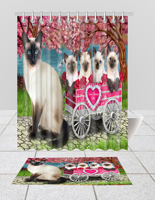 I Love Siamese Cats in a Cart Bath Mat and Shower Curtain Combo