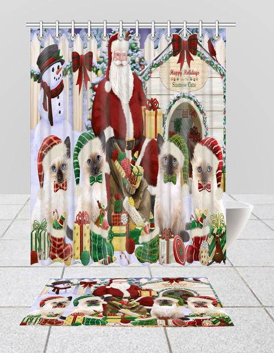 Happy Holidays Christmas Siamese Cats House Gathering Bath Mat and Shower Curtain Combo
