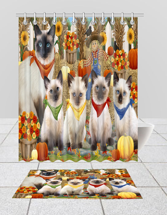 Fall Festive Harvest Time Gathering Siamese Cats Bath Mat and Shower Curtain Combo