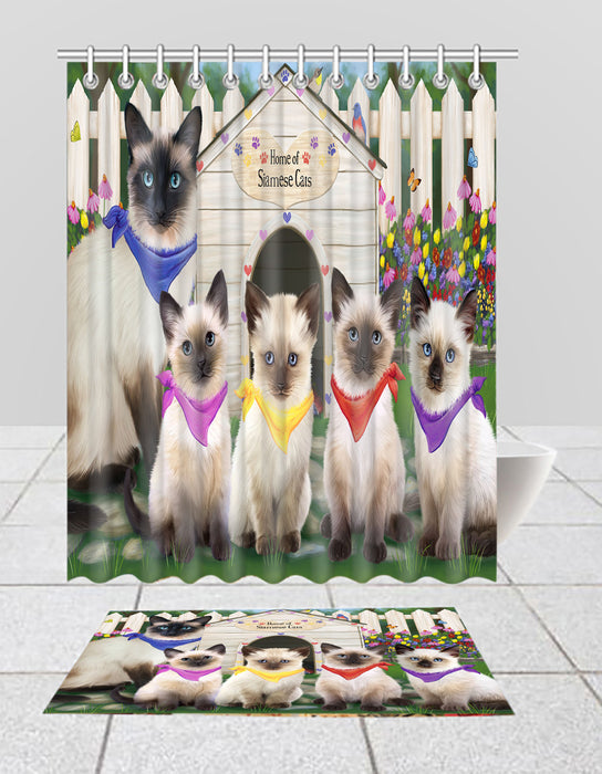 Spring Dog House Siamese Cats Bath Mat and Shower Curtain Combo