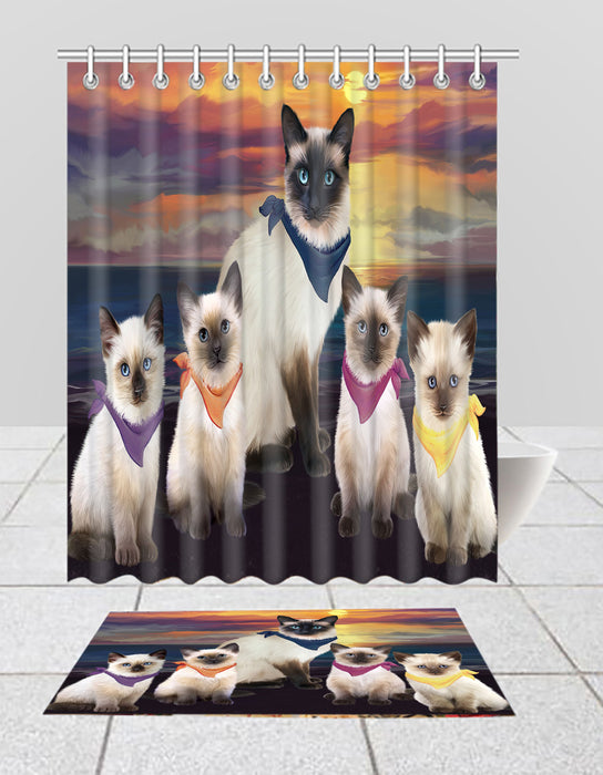 Family Sunset Portrait Siamese Cats Bath Mat and Shower Curtain Combo